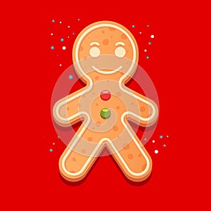 Illustration of a gingerbread man in white glaze on a red background.