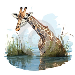 An illustration of a giraffe walking on a water pond