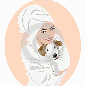 Illustration.A girl in a bathrobe and with a towel on her head in an embrace with a dog after a bath. Jack Russell Terrier after