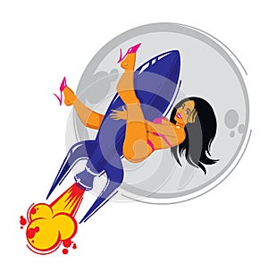 Illustration of a girl on a blue rocket. Vector. Retro pin-up poster of a woman on a bomb, on a background of the moon. Outline fl