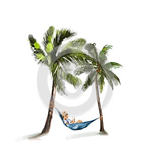 illustration a girl with a book lies in a hammock between two palm trees by the sea. isolated on a white background