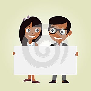 Illustration of a girl and a boy holding an empty banner on a white background. Kids and space frame.