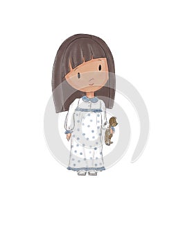 Illustration a girl with brown hair in nightgowns