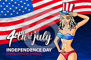 Illustration of a girl celebrating Independence Day Vector Poster. 4th of July Lettering. American Red Flag on Blue Background