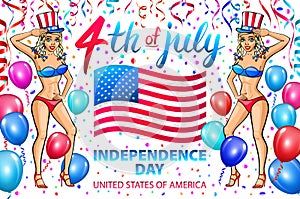 Illustration of a girl celebrating Independence Day Vector Poster. 4th of July Lettering. American Red Flag on Blue Background. ba