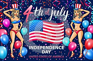 Illustration of a girl celebrating Independence Day Vector Poster. 4th of July Lettering. American Red Flag on Blue Background. ba