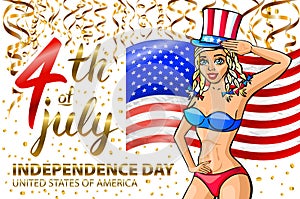 Illustration of a girl celebrating Independence Day Vector Poster. 4th of July Lettering. American Red Flag on Blue Background. go