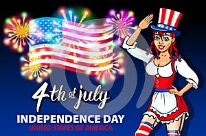 Illustration of a girl celebrating Independence Day Vector Poster. 4th of July Lettering. American Red Flag on Blue Background wit