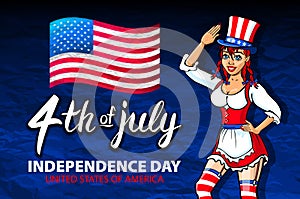 Illustration of a girl celebrating Independence Day Vector Poster. 4th of July Lettering. American Red Flag on Blue Background wit