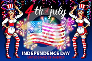 Illustration of a girl celebrating Independence Day Vector Poster. 4th of July Lettering. American Red Flag on Blue Background wit