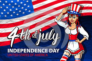 Illustration of a girl celebrating Independence Day Vector Poster. 4th of July Lettering. American Red Flag on Blue Background wit