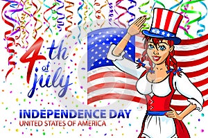 Illustration of a girl celebrating Independence Day Vector Poster. 4th of July Lettering. American Red Flag on Blue Background wit