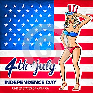 Illustration of a girl celebrating Independence Day Vector Poster. 4th of July Lettering. American Red Flag on Blue Background wit