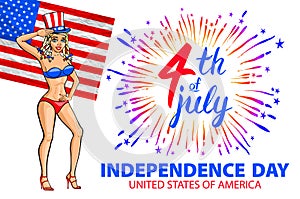 Illustration of a girl celebrating Independence Day Vector Poster. 4th of July Lettering. American Red Flag on Blue Background wit