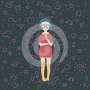 illustration of girl chatting on smartphone with fillers around