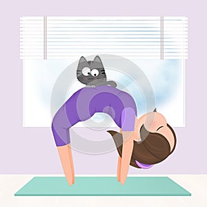 illustration of girl doing yoga with kitten