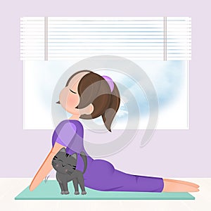 illustration of girl doing yoga with kitten