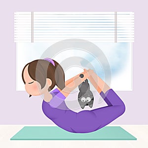 illustration of girl doing yoga with kitten