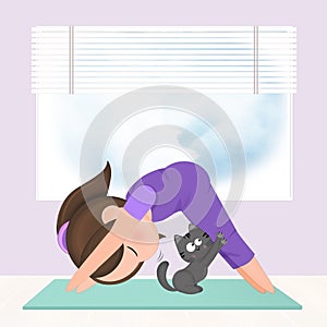 illustration of girl doing yoga with kitten