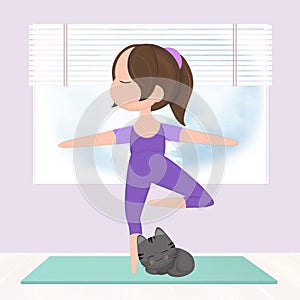illustration of girl doing yoga with kitten