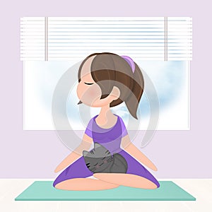 illustration of girl doing yoga with kitten