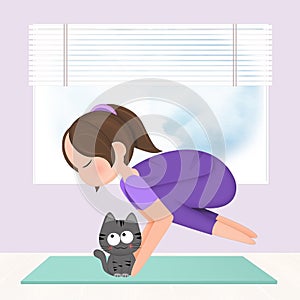 illustration of girl doing yoga with kitten