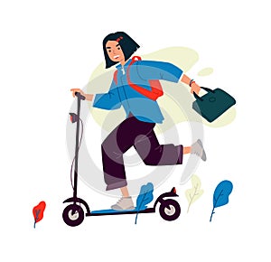 Illustration of a girl on an electric scooter. Vector. A woman in a hurry to study or work. Youth business female image. Asian loo