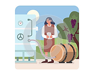 Illustration of girl ferments wine in barrel through special machine photo