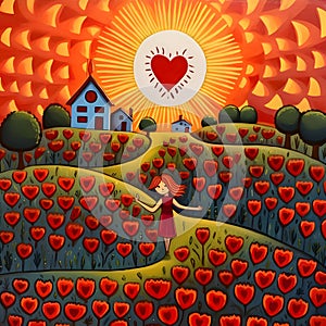 Illustration, girl, field of red poppies and sun