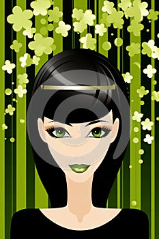 An illustration of a girl with green makeup surrounded by clovers on stPatrick s day
