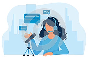 Illustration, a girl in headphones with a microphone, a female radio host, a telecom operator answers calls. Design in blue colors