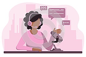 Illustration, a girl in headphones with a microphone, a radio host, a telecom operator. Design in pink colors