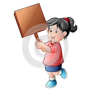 Girl holding blank woodsign photo