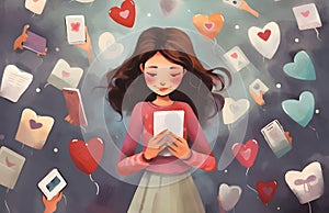 Illustration of a girl holding a love letter in her hand around a heart of letters. Watercolor paint. Hea a symbol of