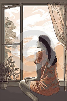 illustration, a girl looks outdoors sitting at the window, ai generative