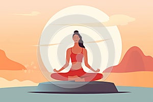 Illustration of a girl meditating at sunrise on the seashore