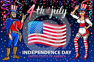 Illustration of a girl and men celebrating Independence Day Vector Poster. 4th of July Lettering. American Red Flag on Blue Backgr