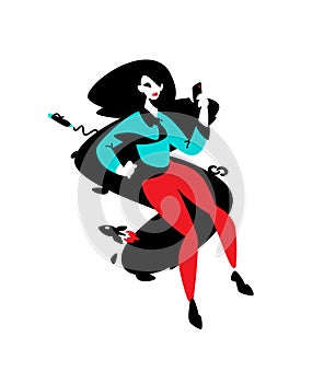 Illustration of a girl with a phone on the background of the letter S. Vector flat illustration. PR specialist, advertiser.