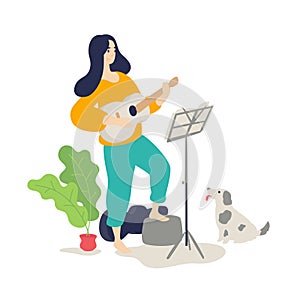 Illustration of a girl playing an acoustic guitar. Vector. Flat cartoon style. Music lessons. The dog listens to the game of the