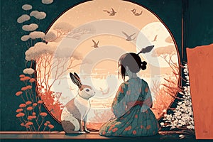 Illustration of a girl and a rabbit - Chinese astrology - Generative AI