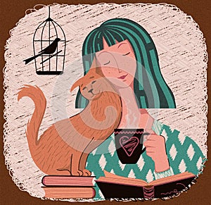Illustration of a girl reading a book. A red cat purrs nearby
