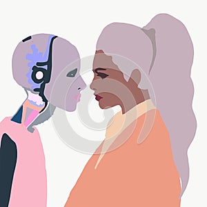 Illustration Girl robot with girl. Woman talking with woman robot. Artificial intelligent interaction. Humanoid tech