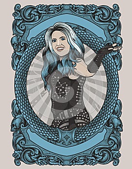 illustration girl rockstar with engraving ornament frame