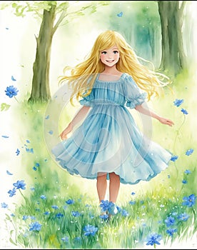 illustration of a girl running along a forest path