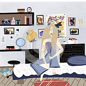 Illustration of a girl`s room in the Scandinavian style.