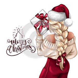 Illustration of Girl in a Santa`s hat with a long blond braid holding a gift on white background and with hand drawn lettering Mer