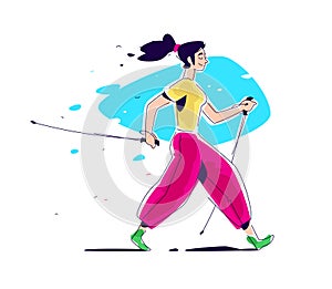 Illustration of the girl Scandinavian walking. The flat vector. Hiking in nature. The illustration is isolated on a white