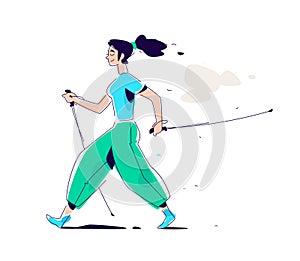 Illustration of the girl Scandinavian walking. The flat vector. Hiking in nature. The illustration is isolated on a white