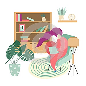 Illustration of a girl sitting in a chair and working at a laptop, room is furnished with comfortable furniture and plants