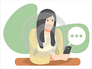 illustration of girl with smartphone doing message. concept of message, chat, interaction etc. flat vector